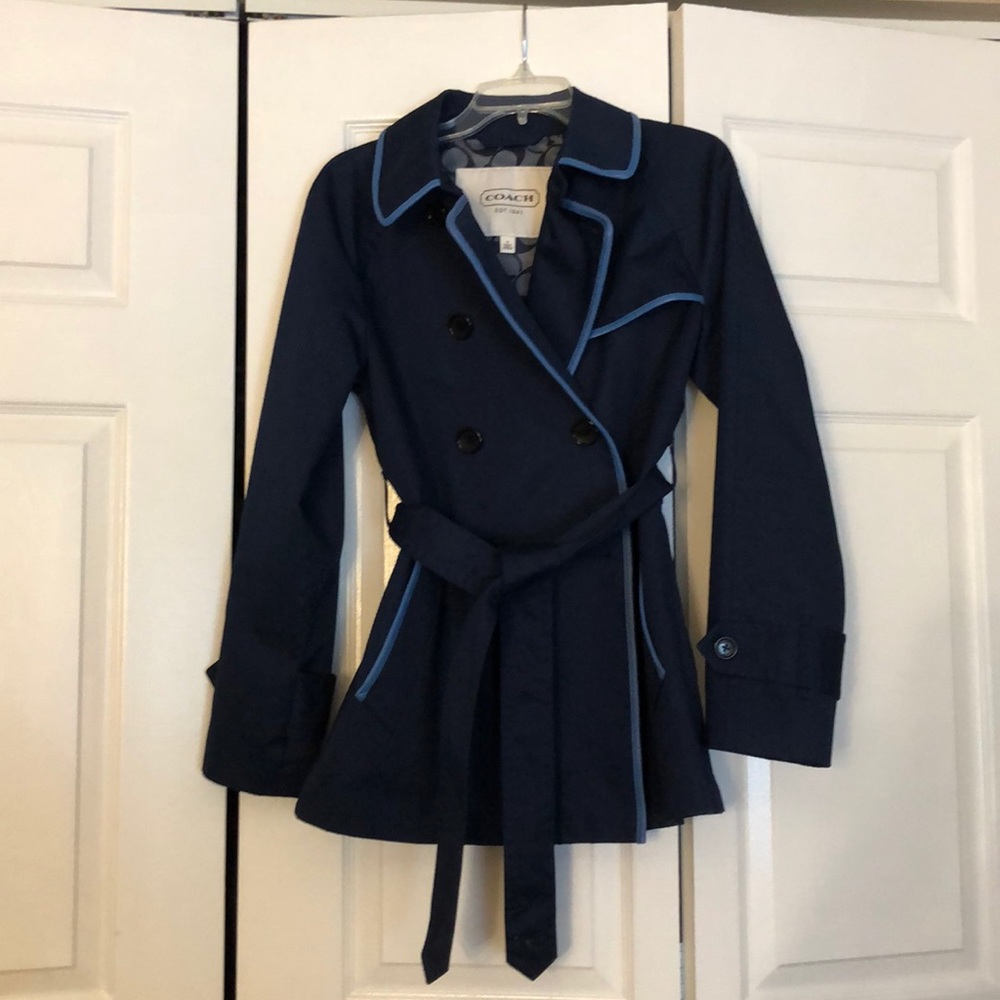 Navy blue Coach lightweight trench coat.